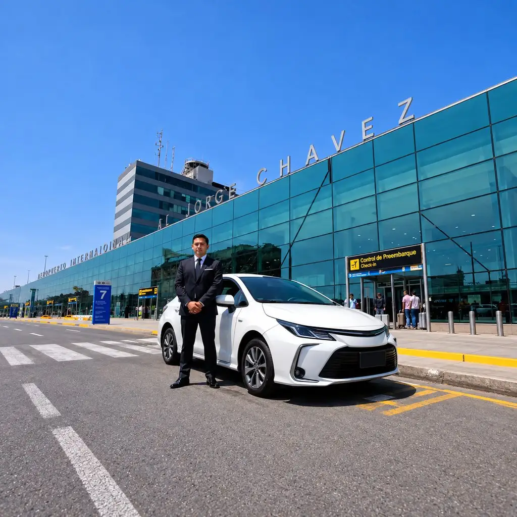 Sedán blanco con su conductor frente al Aeropuerto Jorge Chávez